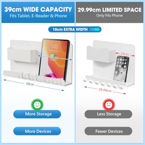 No Drill White Floating Wall Shelf with Organizer for Phones & Tablets