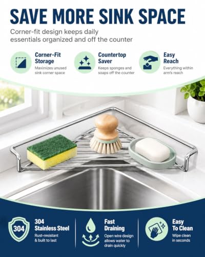 Stainless Steel Corner Sink Shelf 1pc Triangular Open Wire Dish Drying Rack