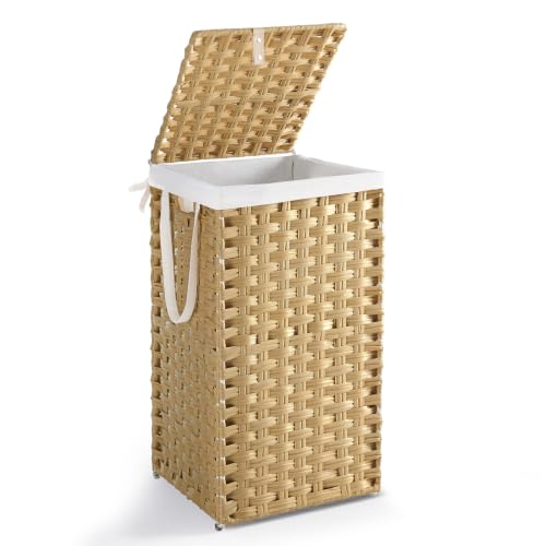 Laundry Basket with Lid 65L Wicker Hamper - Goose Yellow