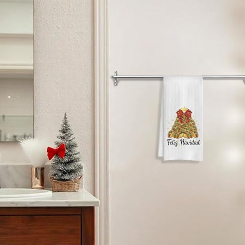 E Christmas Towels - Mexican Christmas Kitchen Towels for Taco Lovers, Red Bow Decor, 16x24 Inches