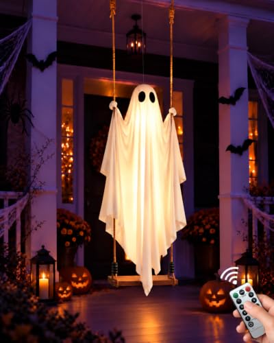 Halloween Outdoor Decorations Large 4.5 FT Hanging Swinging Ghost with Lights & Remote