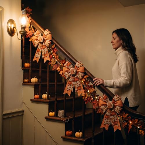 Fall Pumpkin Bows for Front Door Decor - 2 Pack Smaller Pumpkin Wreath Accents