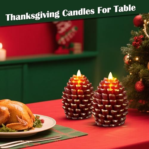 Flameless Christmas Pinecone Candles Set - Red-Brown Thanksgiving Decor