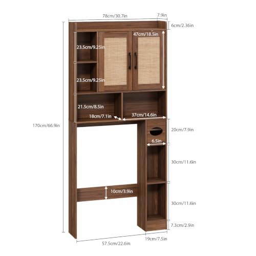 Rattan Over The Toilet Storage Cabinet - Walnut Finish Bathroom Organizer