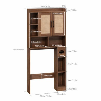 Rattan Over The Toilet Storage Cabinet - Walnut Finish Bathroom Organizer