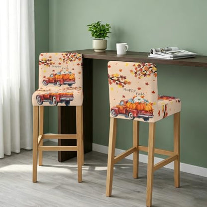 Fall Bar Stool Covers Set of 2 - Harvest Pumpkin Truck & Maple Leaves - Red Orange