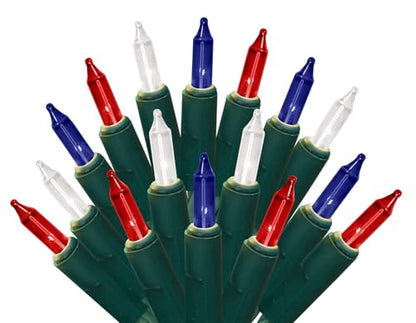Patriotic Christmas Lights - 100 Count, 24 Feet, Static & Blinking Modes - Green Wire