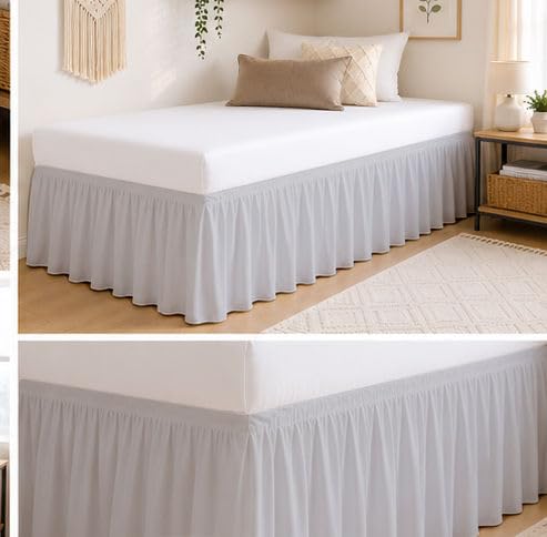 Queen Bed Skirt 60x80 Inches Light Grey Ruffled Wrap-Around Microfiber Dorm Room
