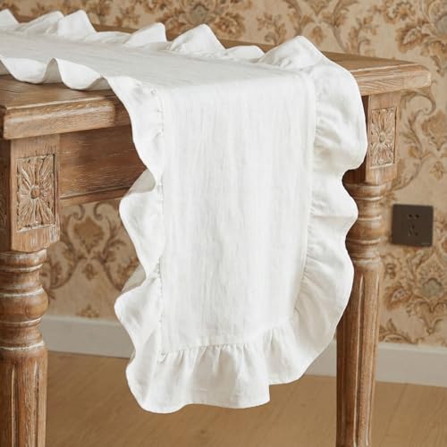 Farmhouse Ruffled Scalloped Table Runner 14 x 118 Inch White - Cotton Decor