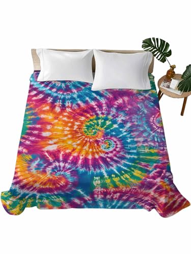 Colorful Tie-Dye Flat Sheet Full Size Ethnic Style Microfiber Bedding - Emerald Green, Light Purple & Orange