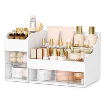 Extra Large Makeup Organizer with 3 Drawers & Brush Holder - White Clear Variation