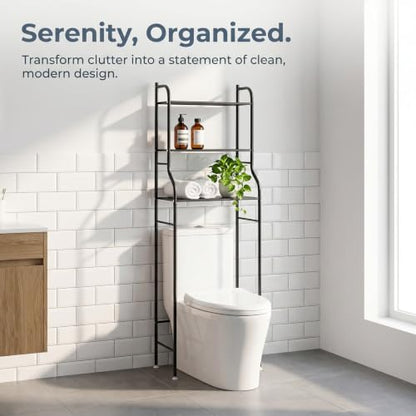 Over Toilet Storage Shelf with Hooks & Anti-Tip Kit, Black Bathroom Organizer