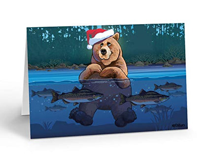 Bear in the River Christmas Card - Holiday Greeting Cards with Salmon & Santa Hat - 18 Pack - Standard Variation