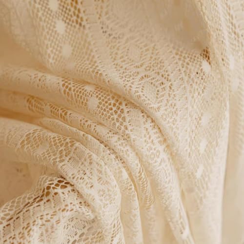 Boho Beige Lace Oven Curtain with Tassels, 28x22 Inch Kitchen Skirt - Ruffled Diamond Design, Tab Top