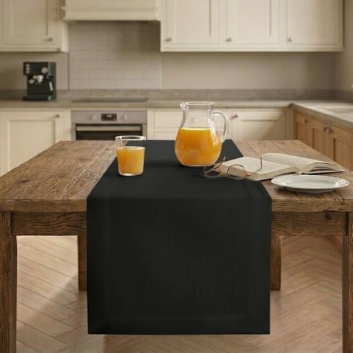 Black Linen-Look Table Runner 14 x 120 Inch - Faux Linen, Handcrafted, Eco-Friendly
