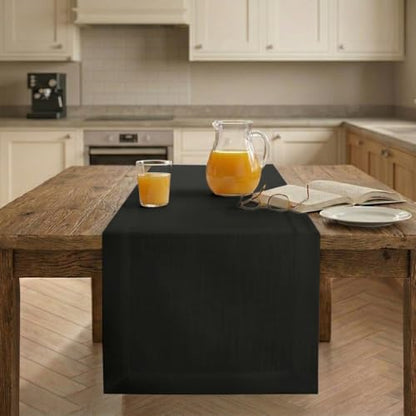 Black Linen-Look Table Runner 14 x 120 Inch - Faux Linen, Handcrafted, Eco-Friendly