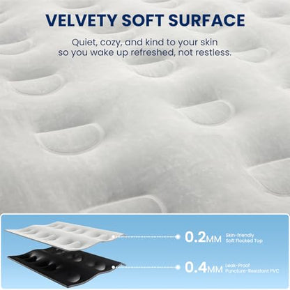 Queen Air Mattress with Built-in Pump - Grey, 3-Layer Puncture-Resistant PVC