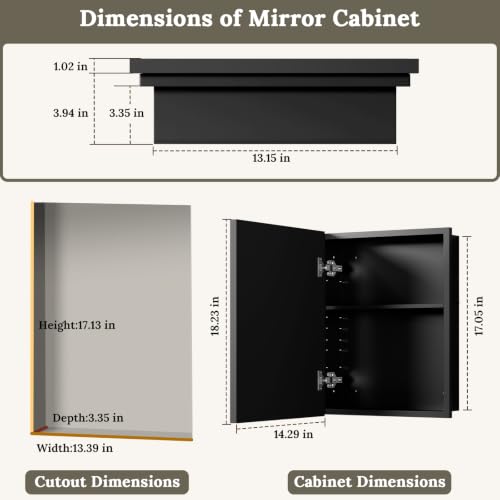 Black Aluminum Bathroom Medicine Cabinet 14x18 Inch Wall-Mounted Mirror with Storage