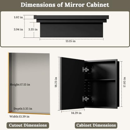 Black Aluminum Bathroom Medicine Cabinet 14x18 Inch Wall-Mounted Mirror with Storage
