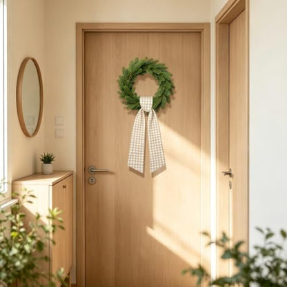Beige Gingham Wreath Sash for Front Door - 2 Pcs with Bow - Fall & Seasonal Decor