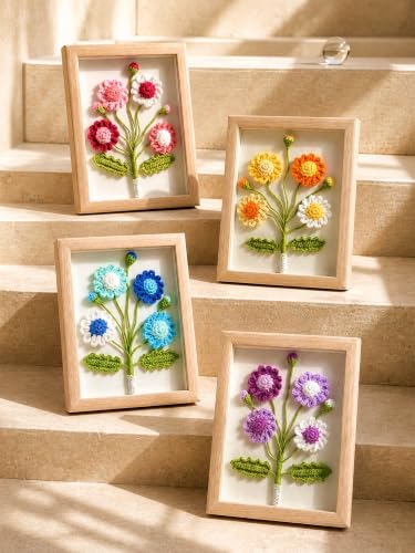Crochet Flower Bouquet Shadow Box Frame Decor Gift - Blue, 1.2in