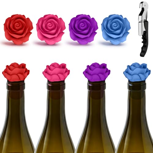 Rose 5-Pack Silicone Wine Stopper Set with Bottle Opener - Airtight & Leakproof