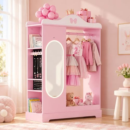 Kids Lighted Mirror Armoire - Pink Dress-Up Closet with Jewelry Storage