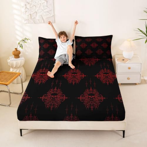 Gothic Skeleton Bed Sheets Set - Full Size Black and Red Victorian Style