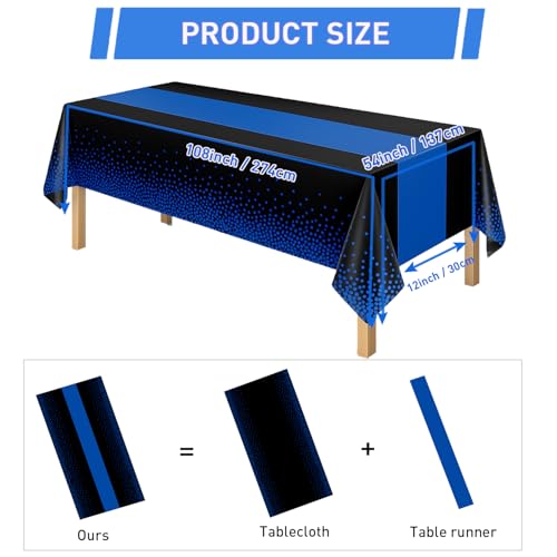 Disposable Plastic Tablecloths 54x108 Inch Black and Blue Dot Set - 16 Pack