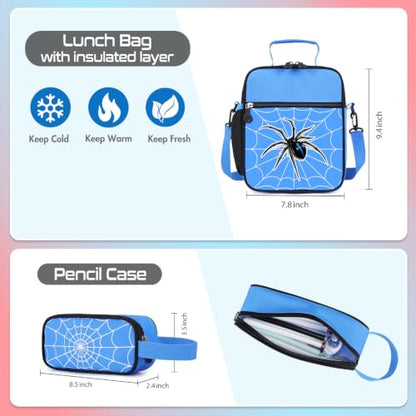Blue 3-Piece Boys Backpack Set with Luminous Spider Design, Lunch Bag & Pencil Case