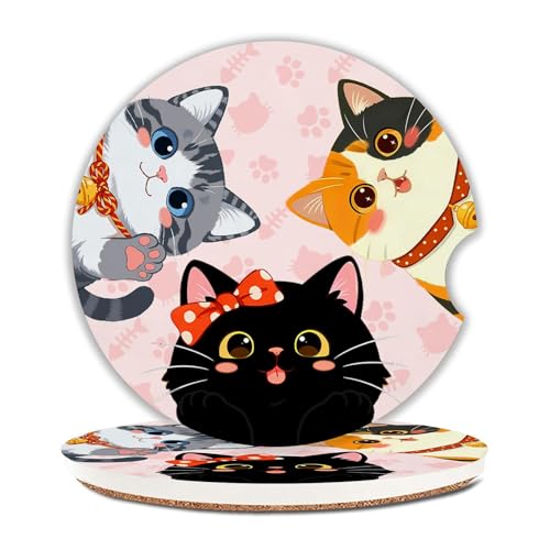 Pink Paws Cat Car Coasters Set of 2 - Absorbent Ceramic with Non-Slip Cork Base, Cute Car Accessories