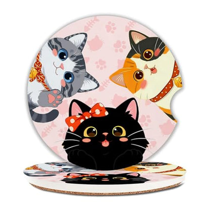 Pink Paws Cat Car Coasters Set of 2 - Absorbent Ceramic with Non-Slip Cork Base, Cute Car Accessories