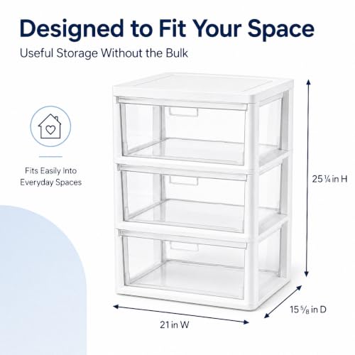 White 3-Drawer Plastic Storage Tower with Removable Clear Bins - Wide Organizer