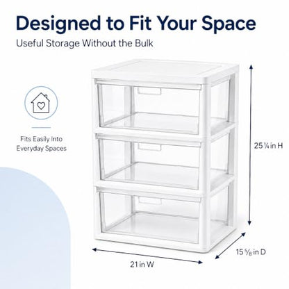 White 3-Drawer Plastic Storage Tower with Removable Clear Bins - Wide Organizer