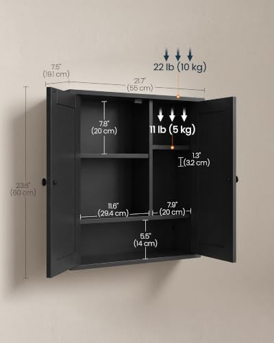 Bathroom Wall Cabinet with 2 Doors - Tool-Free Assembly, Adjustable Shelves, Black Finish
