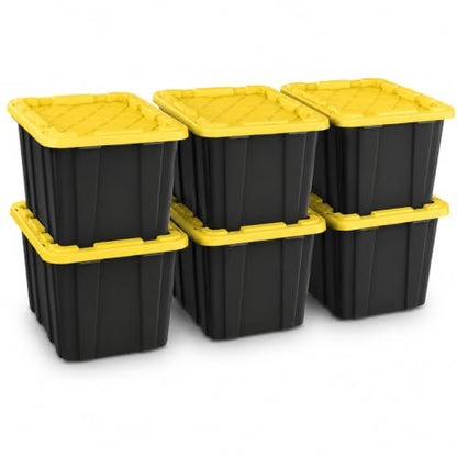 Stackable 27-Gallon Storage Bins with Lids - Black and Yellow, Heavy Plastic, 6 Pack