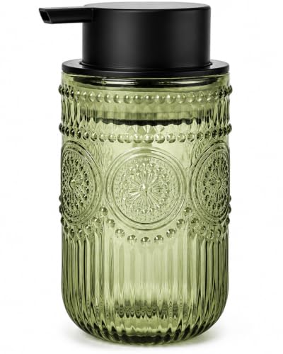 Vintage Green Glass Foam Soap Dispenser with Embossed Sunflower Pattern
