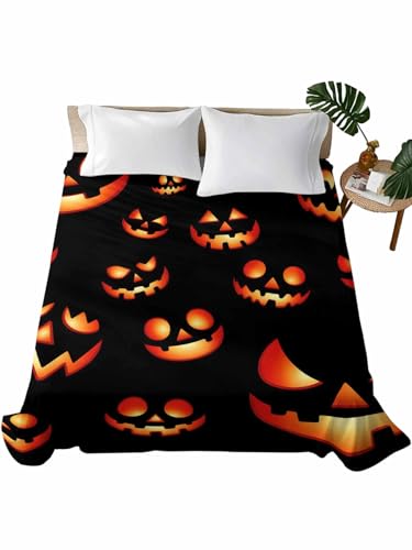 Halloween Twin Flat Sheet Spooky Jack-O-Lanterns Bedding - Black, Red, Orange, 66x96 Inches