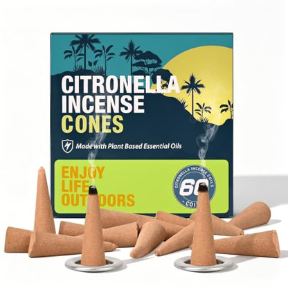 Citronella Incense Cones 60 Count Pack with Metal Dishes for Outdoor Use