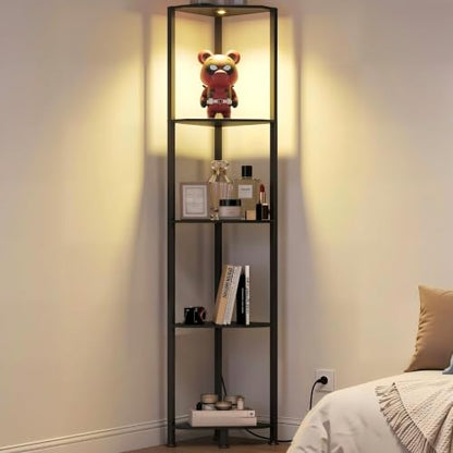 65-Inch Corner Shelf with LED Spotlight 5-Tier Industrial Display Black