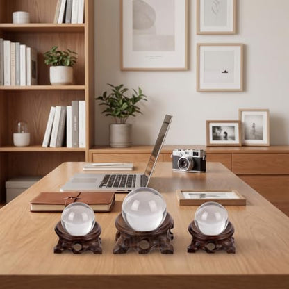 Wood Crystal Sphere Stand Set - Dark Wooden Display Pedestals for Collectibles
