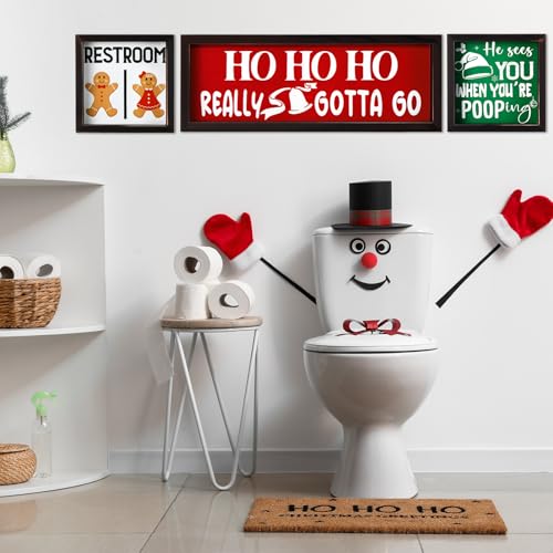 Christmas Bathroom Wood Signs Set - Rustic Holiday Restroom Wall Decor