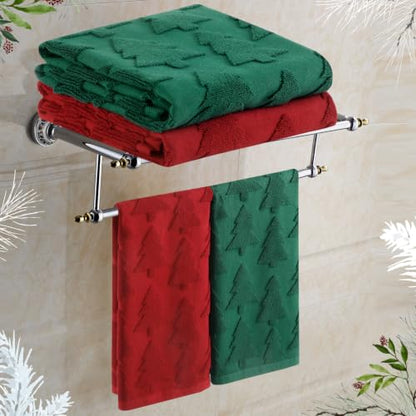 Quera Christmas Hand Towels Set - Red & Green Xmas Tree Decor with Bow - Holiday Bathroom & Kitchen