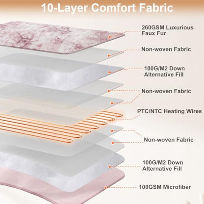 Pink Faux Fur Heated Blanket Queen Size with Wireless Remote 90x90