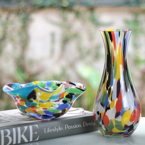 Murano Style Hand Blown Art Glass Vase Multicolor Confetti Effect - Home Decor