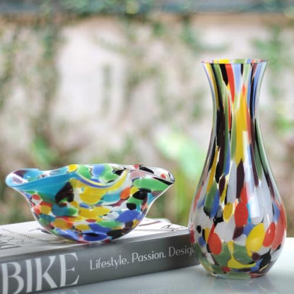 Murano Style Hand Blown Art Glass Vase Multicolor Confetti Effect - Home Decor