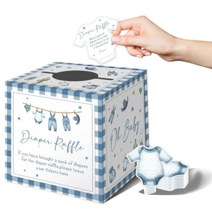 Blue Jean Baby Shower Decorations with Diaper Raffle Box & 50 Cards - Blue