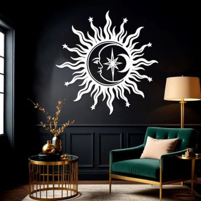 White Sun Moon Stars Metal Wall Art - 31x31in Celestial Wall Decor