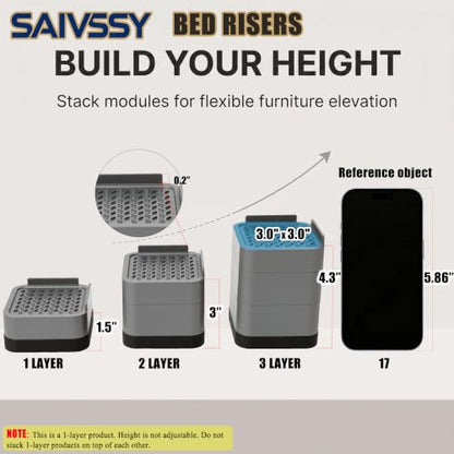 Heavy Duty Adjustable Bed Risers Stackable Sofa & Furniture Support 1.5-4.3 Inch