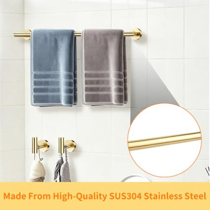 Brushed Gold Bathroom Hardware Set - Stainless Steel Wall Mount Kit with Towel Bar & Hooks